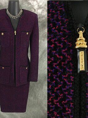 BEAUTIFUL St John collection knit pink purple black jacket skirt suit size 4
